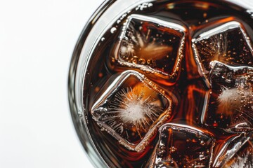 A close-up shot of a glass filled with soda and ice cubes