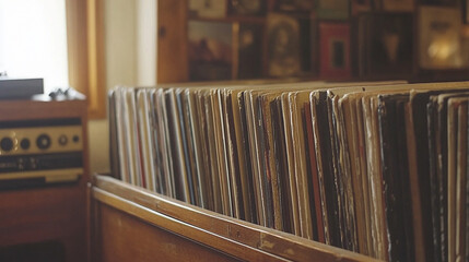 nostalgic vintage record store filled with rows of vinyl records, creating an ambiance that symbolizes timeless music, history, and a love for retro sounds in a cozy, curated space