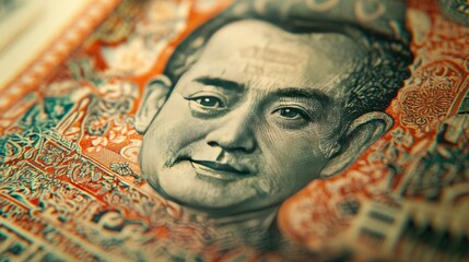 Fototapeta premium Close-up of a man's face on a banknote, featuring intricate details and vibrant colors.