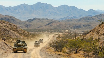 Military convoy advances through rugged terrain with tanks and armored vehicles in desert landscape