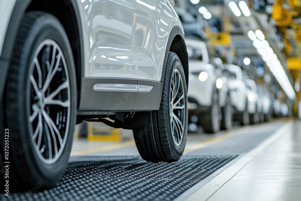 Poster Factory setting with a close-up view of a car on the assembly line