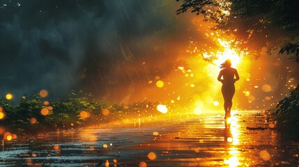 Fototapeta premium A person jogging through a green park, early morning sunlight, health and fitness lifestyle, promoting wellness and outdoor activity, vibrant and fresh atmosphere