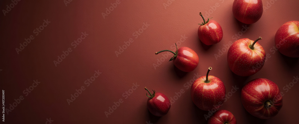 Poster A close up of a bunch of red apples on a red background. The apples are arranged in a circle, with some of them overlapping each other. Concept of abundance and freshness