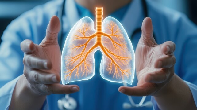 Medical professional displaying lung model.