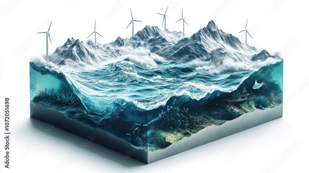 Poster a 3d rendering of a mountain range and ocean with wind turbines, showing the relationship between la