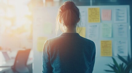 Woman engages with annual business goals on modern digital board to drive organizational success