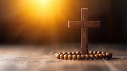 Wooden cross with rosary beads in soft light.