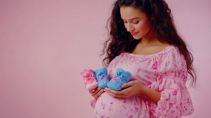 A expecting mother holding a pair of tiny shoes, hinting at the upcoming arrival of her little one