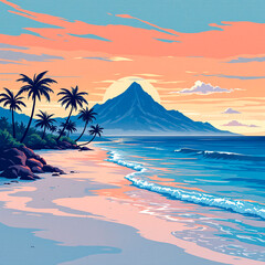 paradisiacal beach with mountain in the background