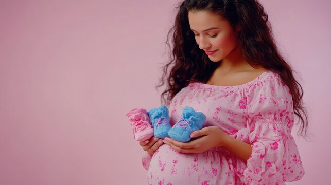A expecting mother holding a pair of tiny shoes, hinting at the upcoming arrival of her little one