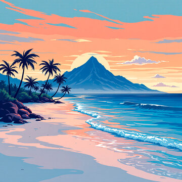 paradisiacal beach with mountain in the background