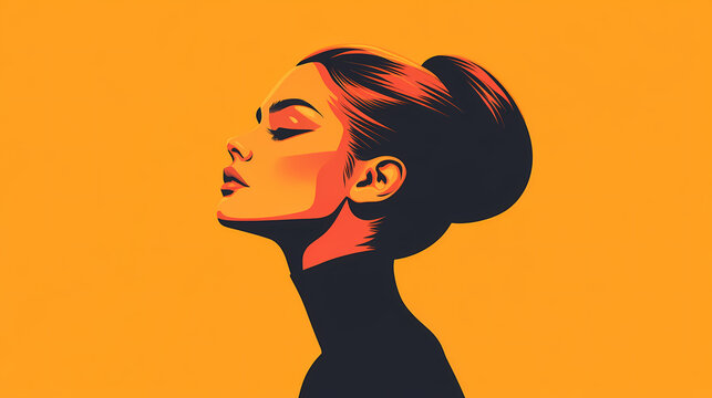 A vibrant cartoon character showcases a womans profile, featuring sleek lines and a minimalist backdrop. Minimalist. Illustration