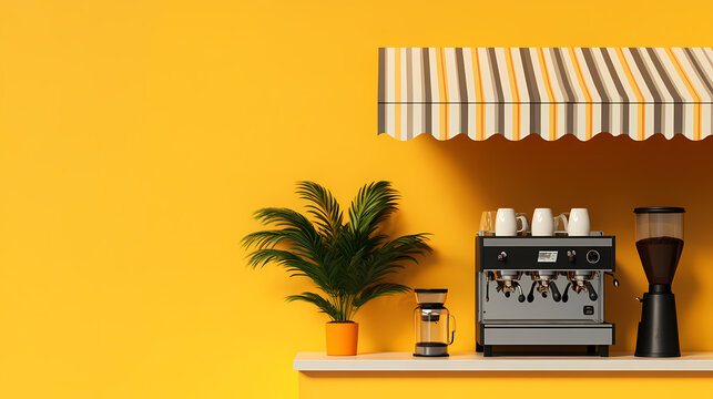 A vibrant minimalist coffee shop scene featuring an espresso machine, blender, and potted plant against a bold yellow background with striped awning. Minimalist. Illustration
