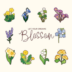 Wildflowers, including dandelions, lilies of the valley, lavender, and forget-me-nots, each in soft colors. Each flower type has unique details, creating a charming and delicate appearance.