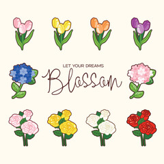 Colorful flowers such as tulips, roses and hydrangeas are drawn in cute flat styles. Each type of flower comes in a variety of colors such as pink, orange, purple, blue, yellow and red.
