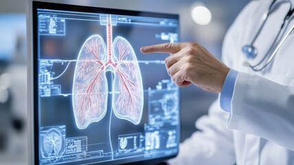 Doctor analyzing lung scan on digital screen.