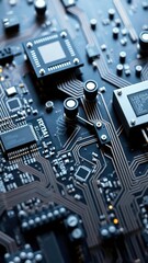 A close-up of interconnected computer circuit boards symbolizing global computer technology mix, connectivity, electronic, interconnected