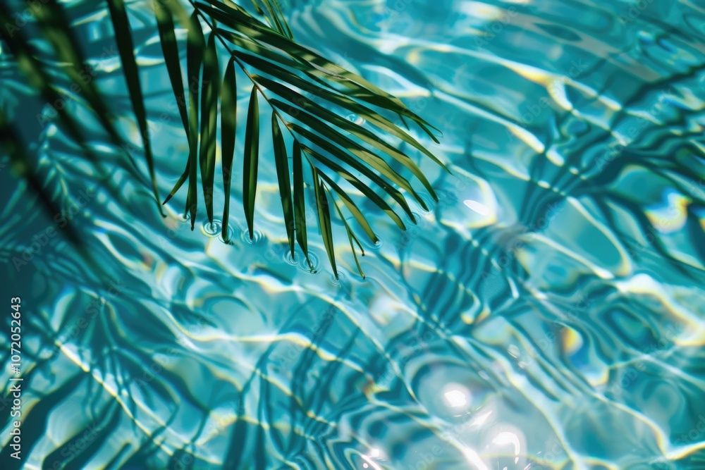 Poster a close-up view of a palm leaf floating on the surface of a pool