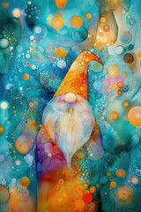 christmas gnome, magic fantasy, alcohol ink painting, psychedelic abstract, bright saturated dark background