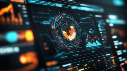Obraz premium Detailed Visual Data Dashboard Displaying Custom Analytics and Trends with Interactive Graphs, Metrics, and Geographical Data Representation