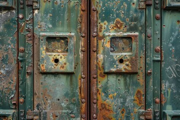 A detailed view of a door with rust and corrosion, suitable for use in illustrations about decay or neglect