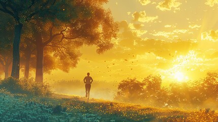 Fototapeta premium A person jogging through a green park, early morning sunlight, health and fitness lifestyle, promoting wellness and outdoor activity, vibrant and fresh atmosphere