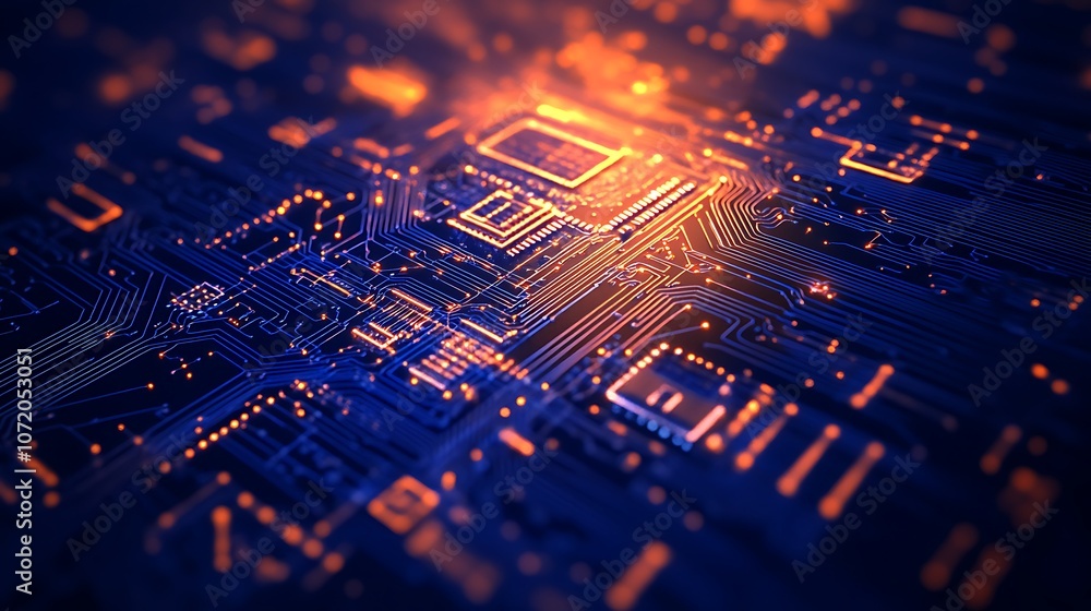 Fototapete a close-up view of a glowing circuit board, showcasing intricate patterns and vibrant colors that hi