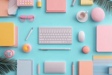 A vibrant workspace featuring pastel stationery, a keyboard, and playful accessories on a teal background, creating an inspiring and organized atmosphere.