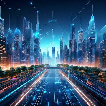 Ville futuristes avec des &eacute;l&eacute;ments d&rsquo;intelligence artificielle, de robotique, ou de big data