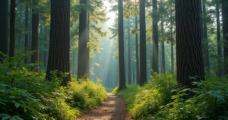 Fototapeta premium Tall trees and diverse vegetation highlight the importance of preserving biodiversity in forests to maintain a healthy ecosystem