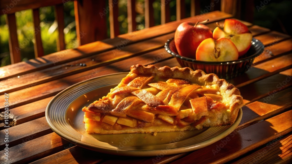 Aufkleber A warm slice of apple pie with a lattice crust sits on a plate on a wooden table with apples in the background.