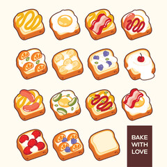This illustration shows colorful toasts with toppings like eggs, bacon, fruits, and sauces. Each slice is unique and playful, with a warm message "BAKE WITH LOVE"