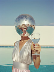 A woman in a silver dress holds a glass with a disco ball head in front of a pool, blending fashion with surrealism.