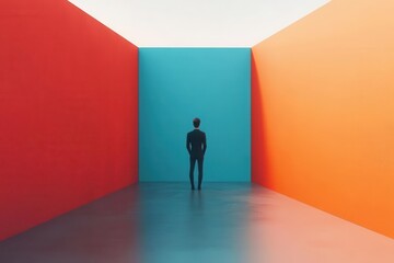 Obraz premium A person stands in a colorful geometric space, surrounded by vibrant red and orange walls, creating a striking visual contrast.
