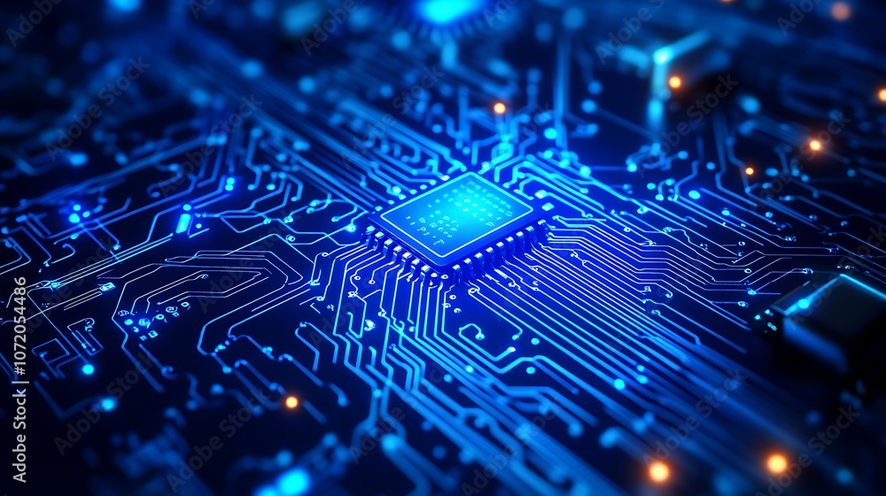 Poster A close-up view of a blue circuit board with intricate patterns, highlighted by glowing lights around a central processing unit.