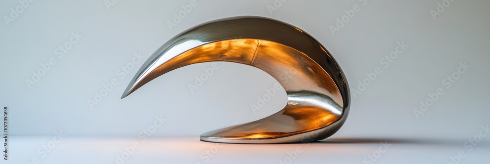 Poster abstract metallic sculpture in the shape of a wave, with a warm light emanating from inside.