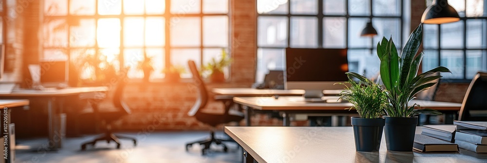 Poster modern office space with sunlight streaming in through large windows, a desk in the foreground with 
