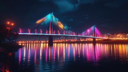 Obraz premium A brightly lit bridge spans a river at night, reflecting colorful lights on the water.
