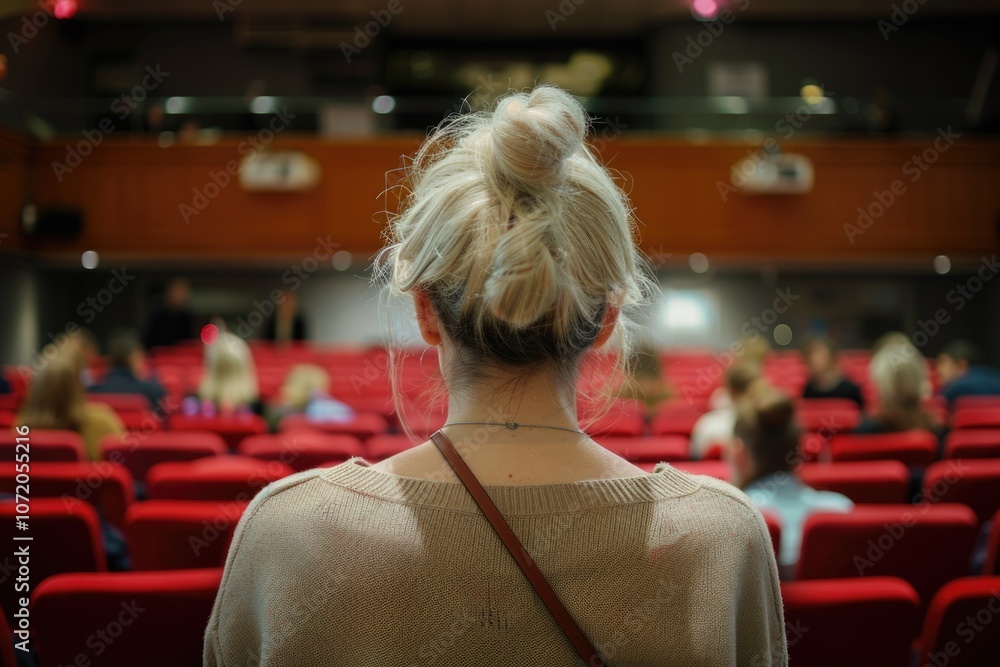 Poster A person sits alone in an auditorium with rows of red chairs, suitable for use as a background or setting
