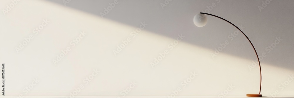 Poster minimalist floor lamp with a curved arm and a white globe shade in a white room with a shadow.