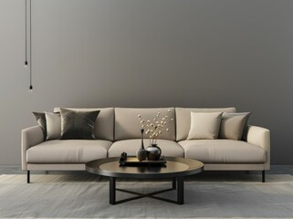 Minimalist living room interior with a beige sofa. a round coffee table. and a textured concrete wall