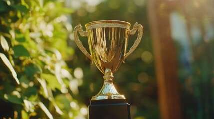 A golden trophy sits atop a wooden table, perfect for displaying awards or recognition