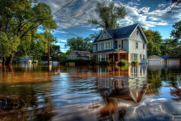 Obraz premium A flooded street with a house in the background, perfect for scenes of natural disasters or urban planning