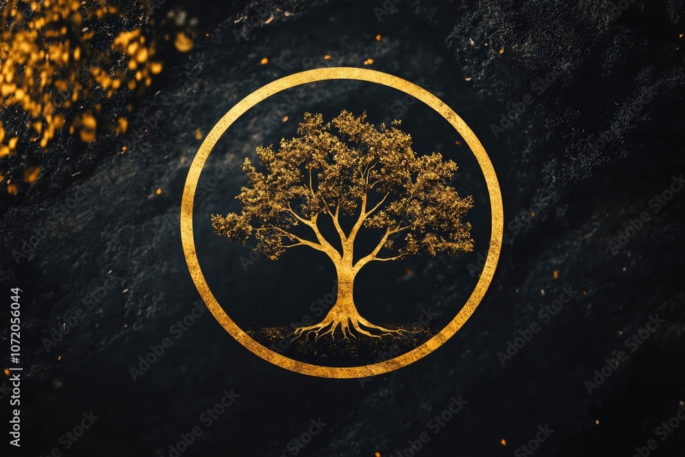 Poster a golden tree sits in a circular frame on a black background, perfect for use in designs where you n
