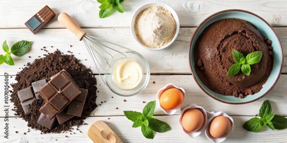 Poster a table top arrangement featuring chocolate squares, cocoa powder, eggs, and fresh mint sprigs, a vi