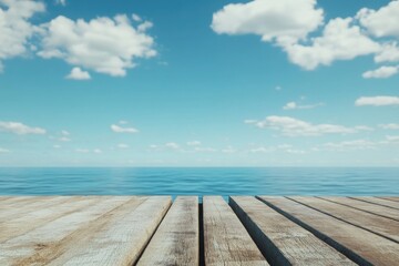 A serene coastal scene with a wooden deck and calm waters