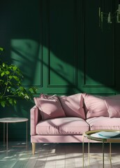 A pink velvet sofa with green pillows sits in front of a green wall with molding A small gold side table with a white pitcher is to the right of the sofa
