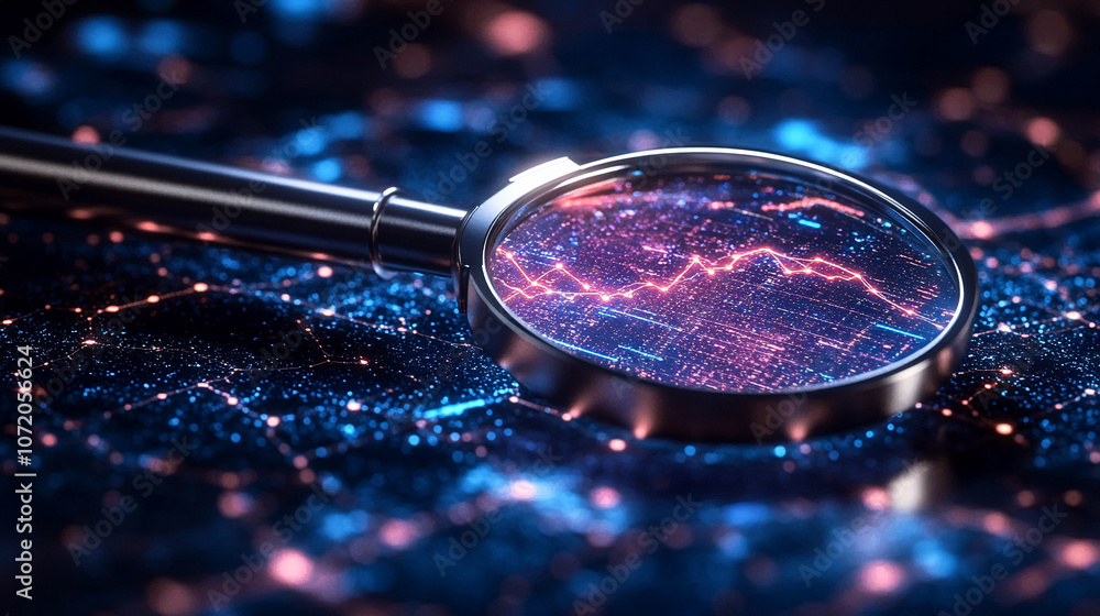 Aufkleber magnifying glass enlarges glowing data curves, symbolizing data analysis, digital investigation, and