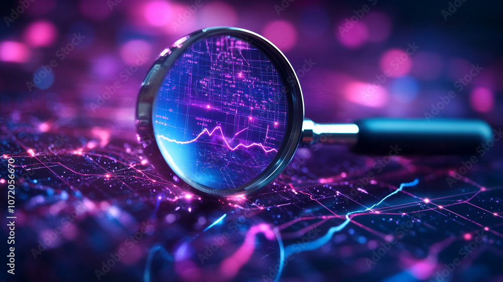 Aufkleber magnifying glass enlarges glowing data curves, symbolizing data analysis, digital investigation, and