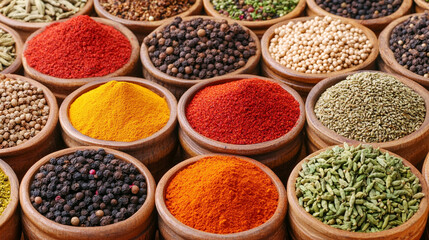 assortment of colorful spices beautifully arranged on a rustic wooden table, symbolizing cultural diversity, rich culinary traditions, and the vibrant essence of world cuisine and flavor